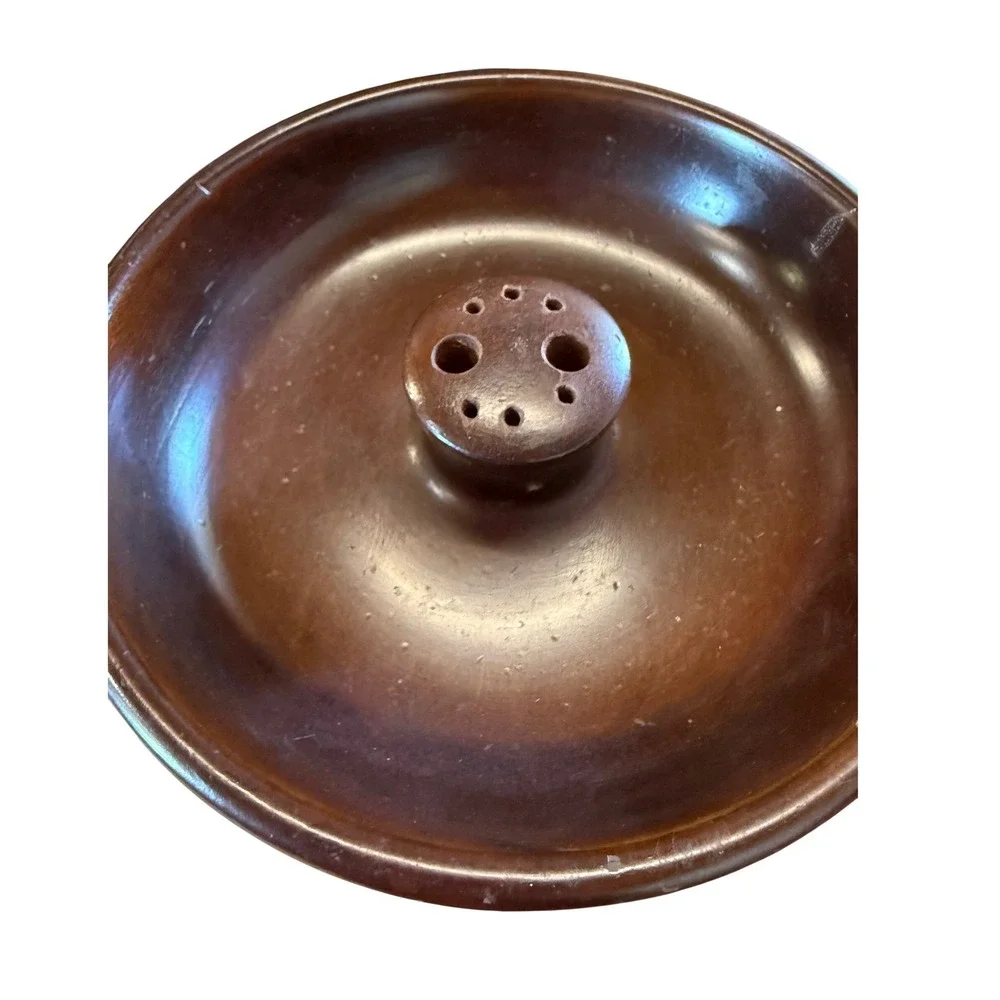 Vintage Dark Brown‎ Ceramic Flower Frog Bowl Round Glazed Pottery 6.5 Inch